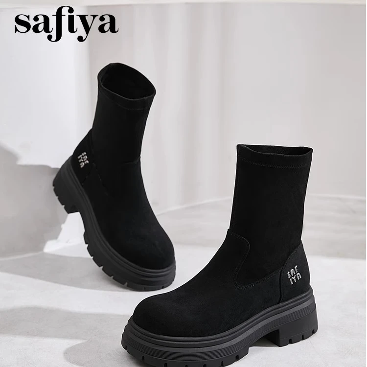 Safiya/索菲娅2024冬英伦风圆头百搭粗跟厚底增高弹力绒面瘦瘦靴