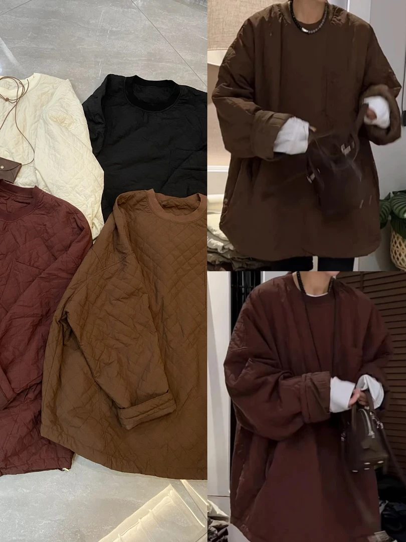 【不得不爱】《TY》2024秋季新款韩版时尚圆领纯色菱格套头棉衣外套