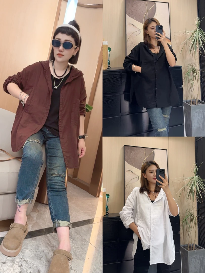 【不得不爱】2024早秋新款时尚百搭连帽宽松大版长袖衬衫
