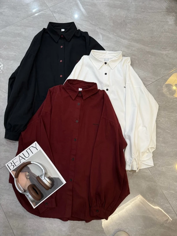 【不得不爱】2024秋冬新款磨毛加厚纯色宽松刺绣字母百搭长袖衬衣