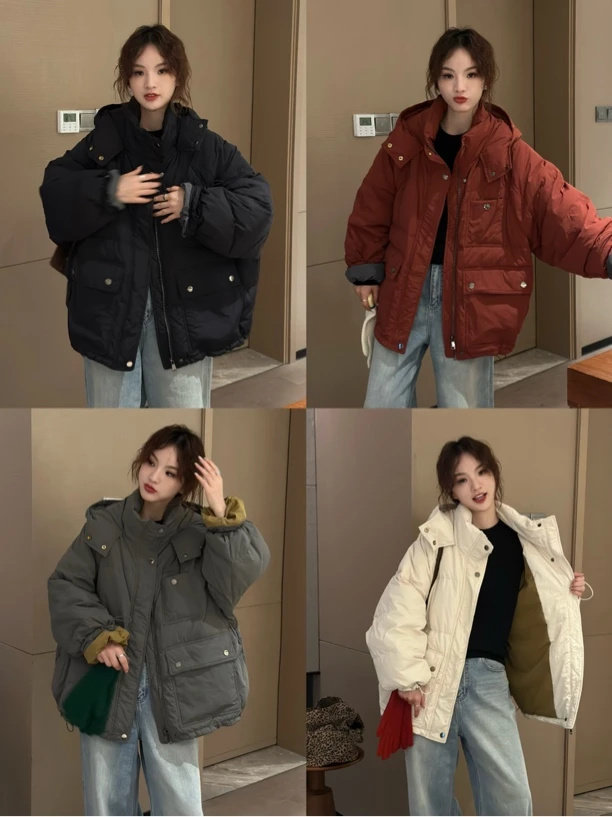 【不得不爱】2024冬季新款欧货加厚休闲撞色连帽设计感宽松羽绒服