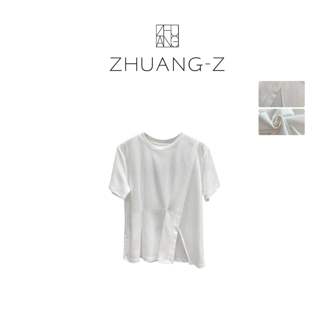 【ZHUANG -Z】（解构）简约设计感不规则褶皱开叉圆领短袖T