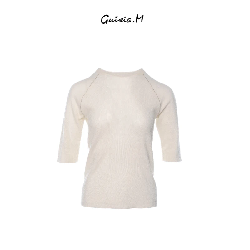 【Guixia.M】   斜肩钉珠亮丝圆领中袖针织衫