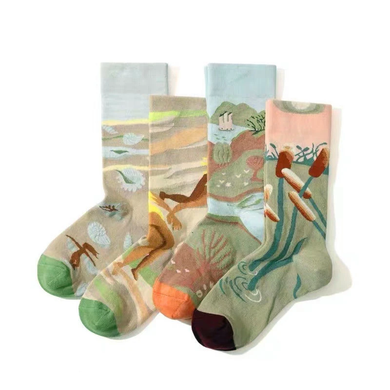 潮袜4双装个性棉袜子女潮牌时尚网红ins原宿风中筒提花长筒棉袜子