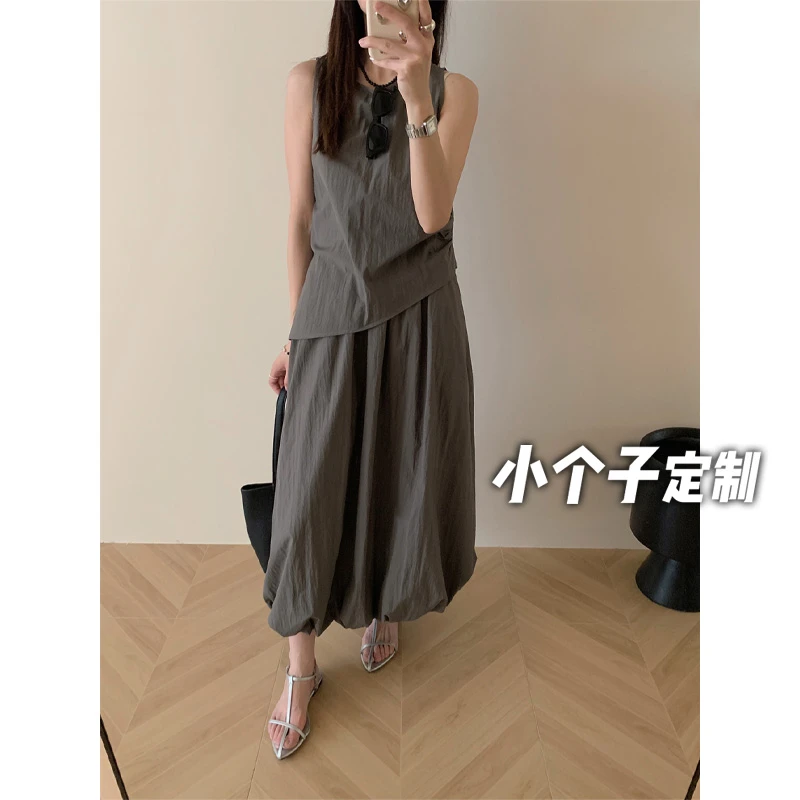 150小矮个子小众设计感不规则背心衬衫女高腰a字灯笼半身裙两件套