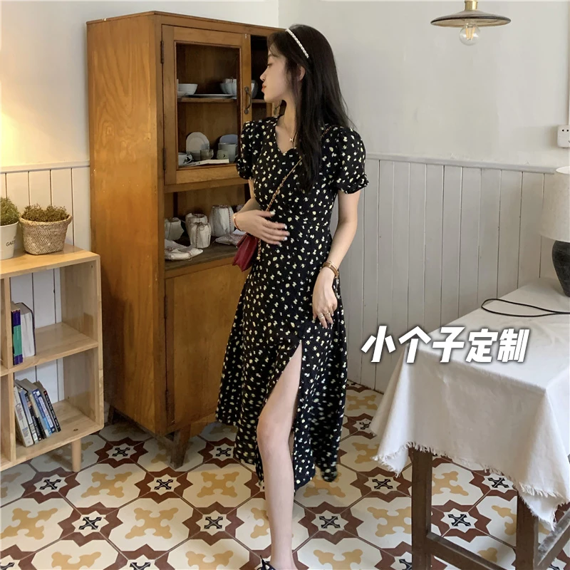 150小矮个子法式雪纺碎花开叉连衣裙女收腰a字中长款xs码显高夏季