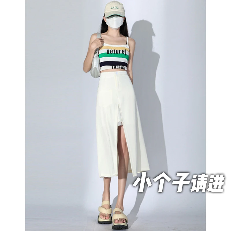 145小矮个子设计感开叉半身裙女高腰a字雪纺中长款xs显高夏季搭配