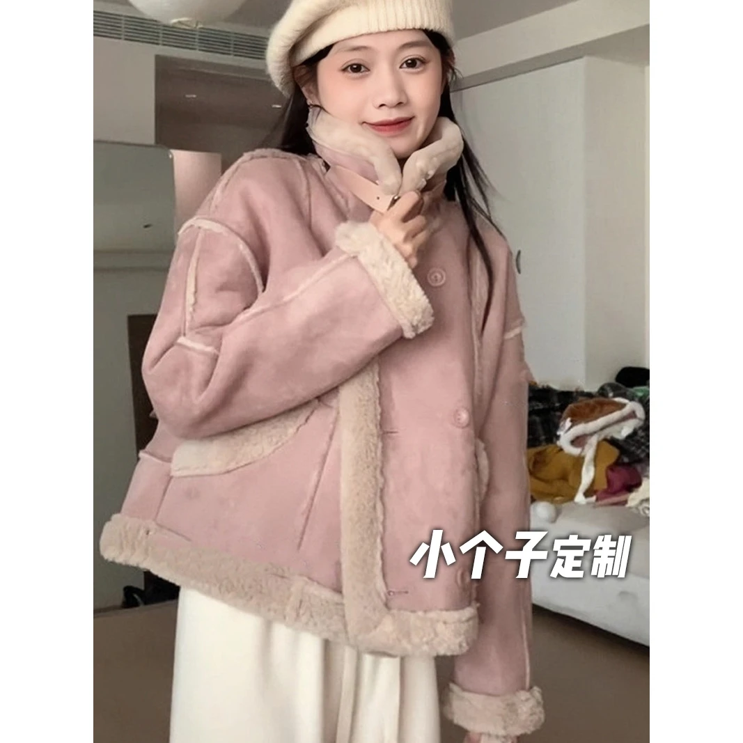 150小矮个子麂皮绒皮毛一体秋冬厚外套女宽松立领短款机车服保暖