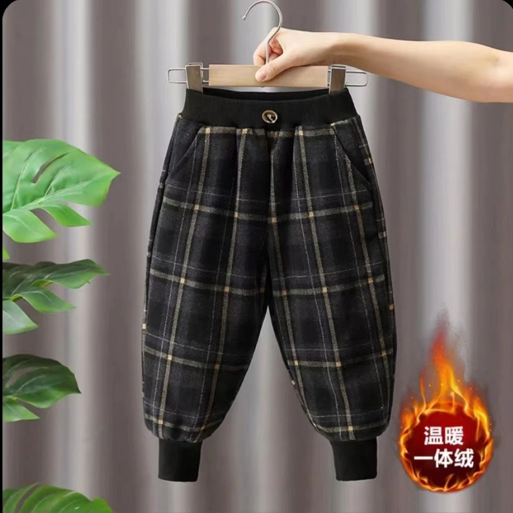 小童外穿秋冬温暖加厚保暖裤子儿童加绒格子裤痞帅宝宝休闲裤长裤