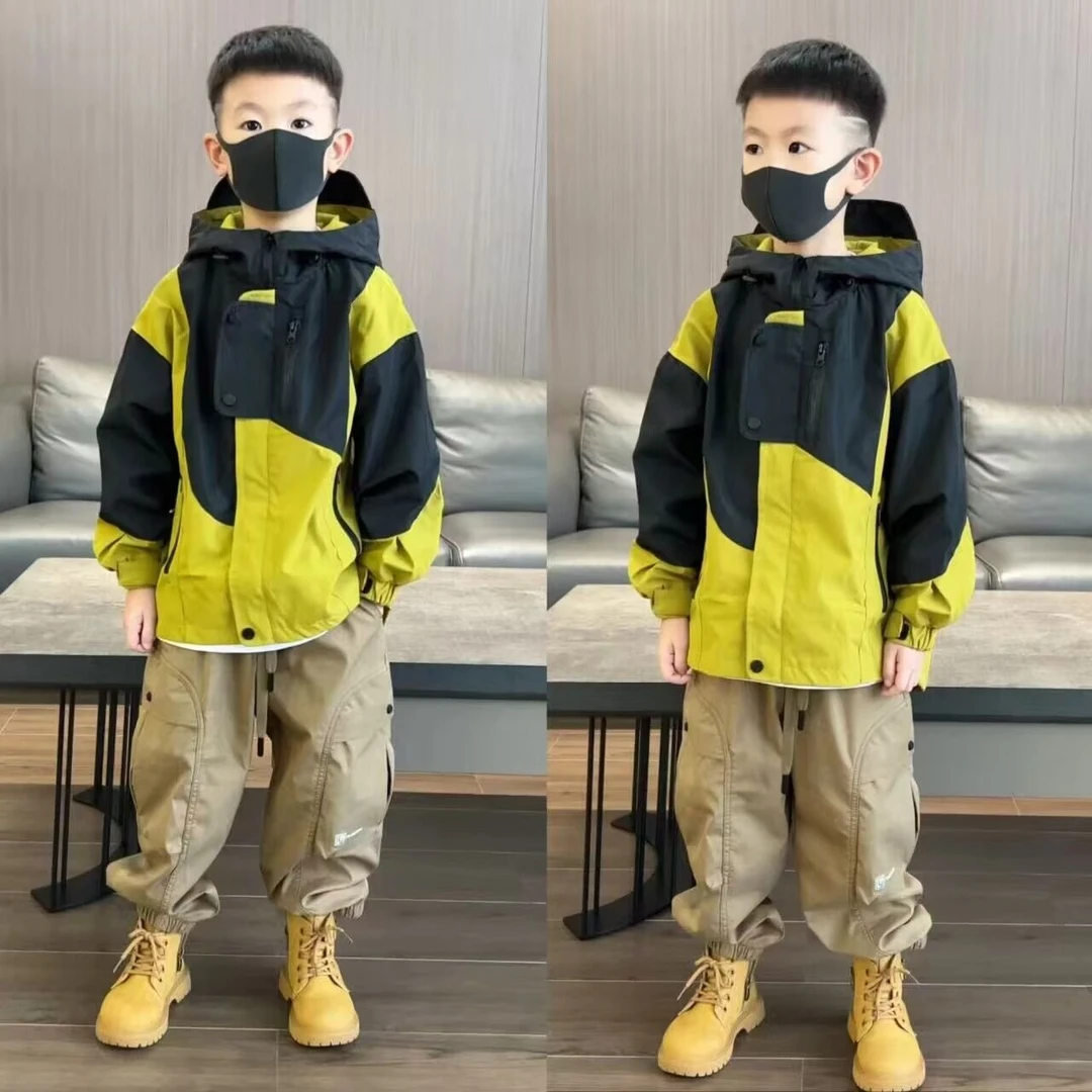 儿童秋款男童保暖服外套秋冬款2023新款中大童潮酷帅撞色户外连帽