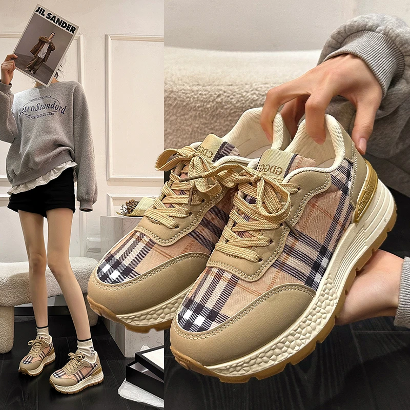 网红小众格子设计时尚休闲百搭老爹鞋女2024年新款厚底女鞋