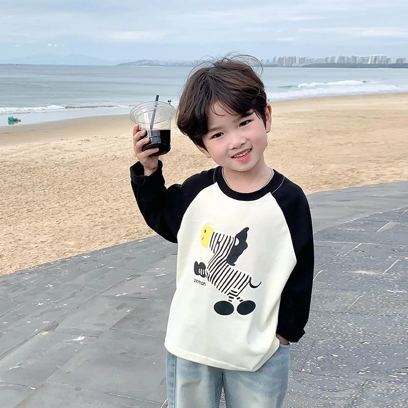 男童t恤长袖儿童春秋装新款宝宝撞色袖上衣服纯棉小孩打底衫潮酷