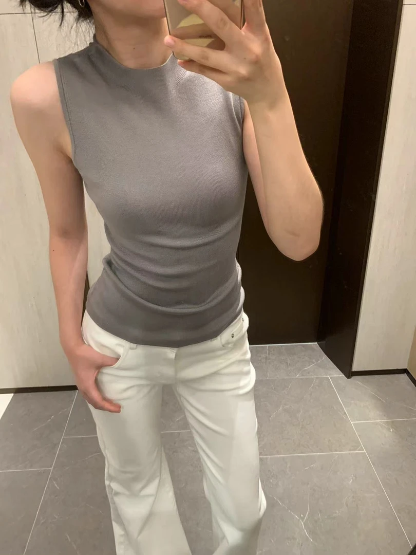 闭店清仓NO退NO换【水墨画】蓝灰气质半高领无袖背心