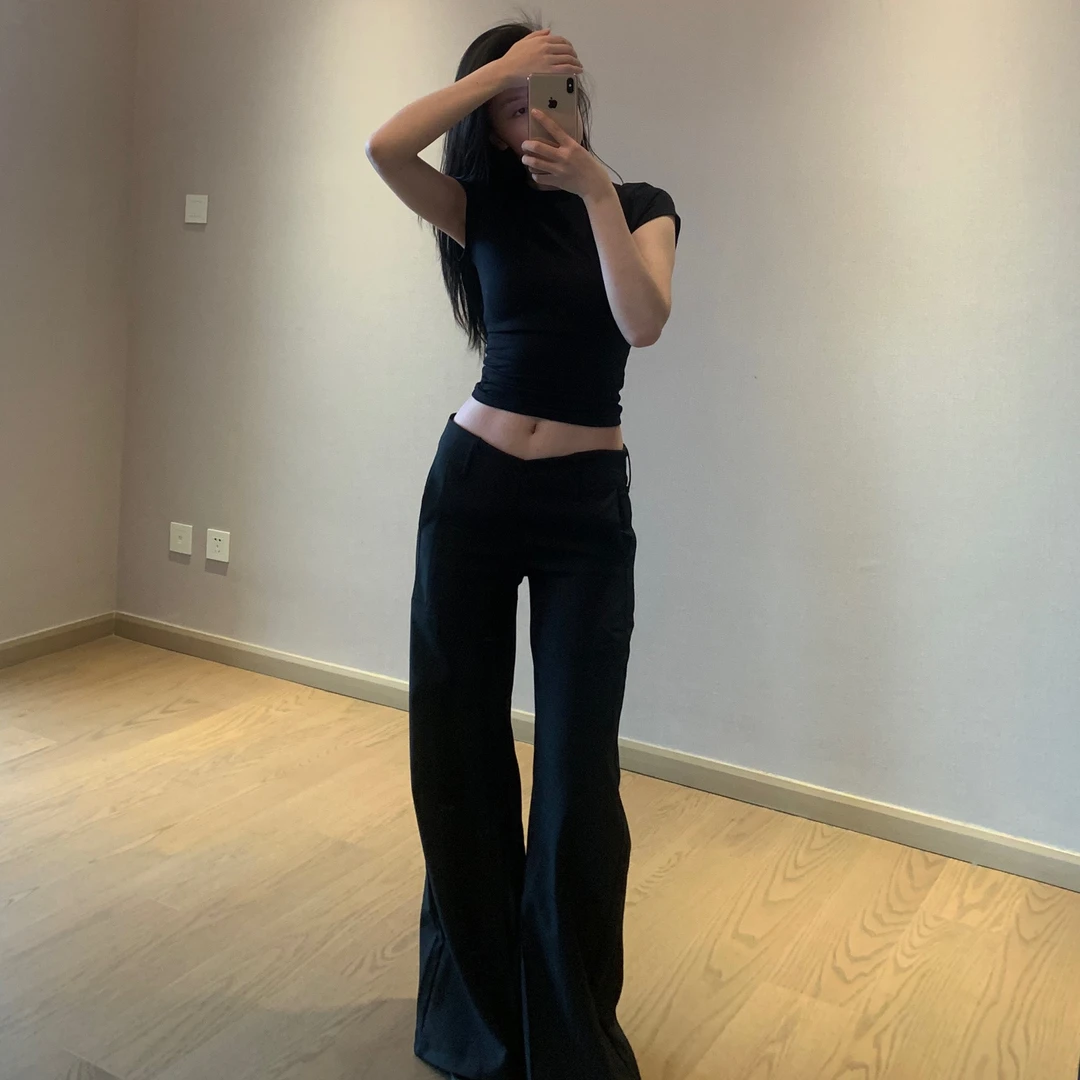 小白犬【长腿姐姐】黑色高级感低腰显瘦休闲西装裤