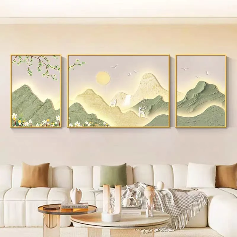 福禄山水三联奶油风现代风晶瓷镶钻装饰挂画