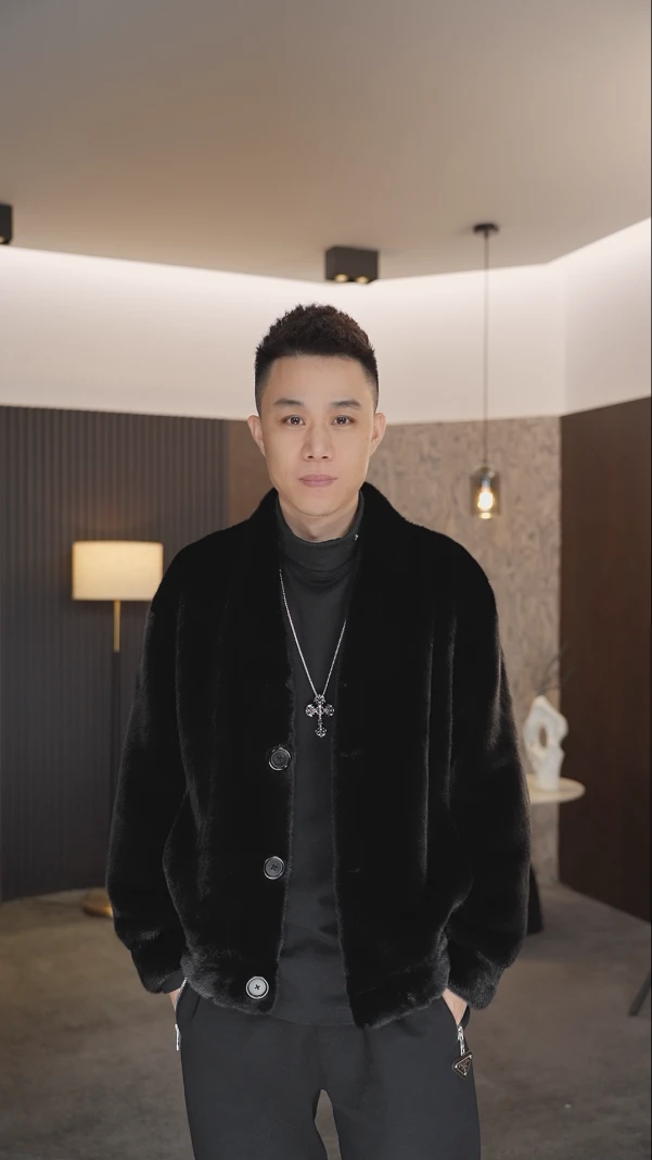 轻奢V领短款黑色进口宝嘉美水貂冬季时尚皮草加厚外套道袍男款