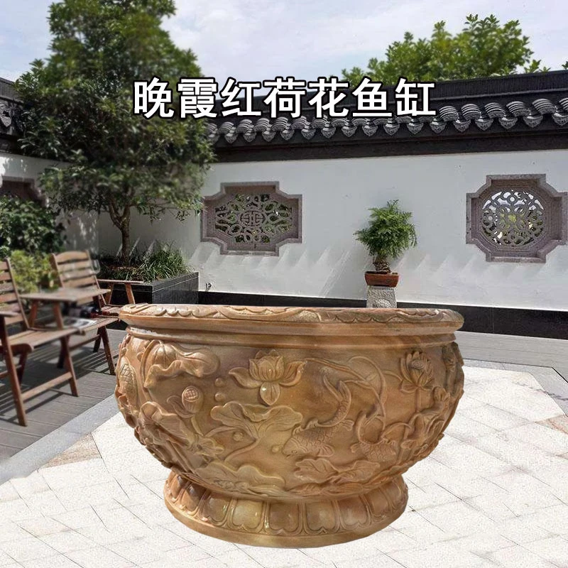 大型青石晚霞红荷花鱼缸室外流水摆件石缸雕塑仿古庭院居家造景品