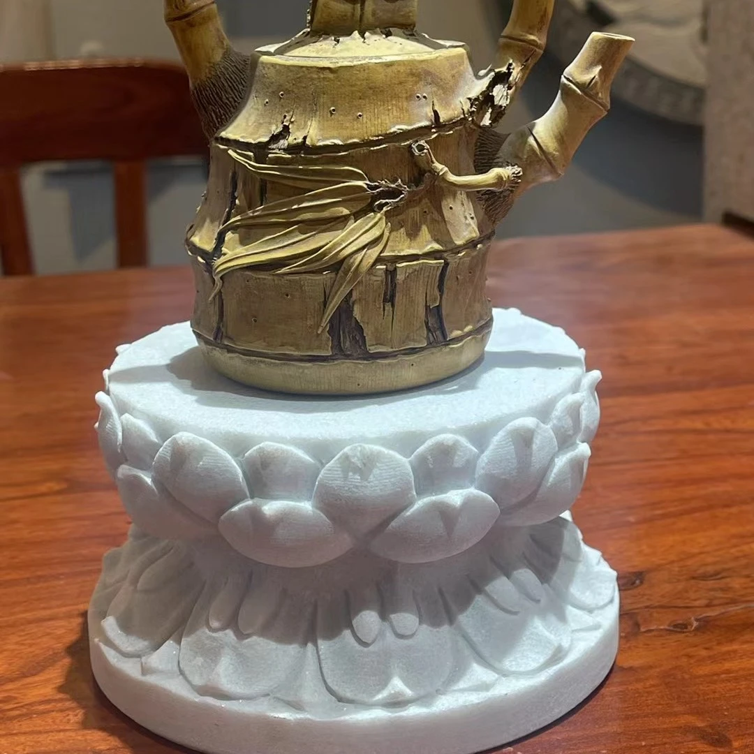 阳台花园装饰摆件桌面摆件莲花瓣底座水壶茶壶底座纯天然大理石