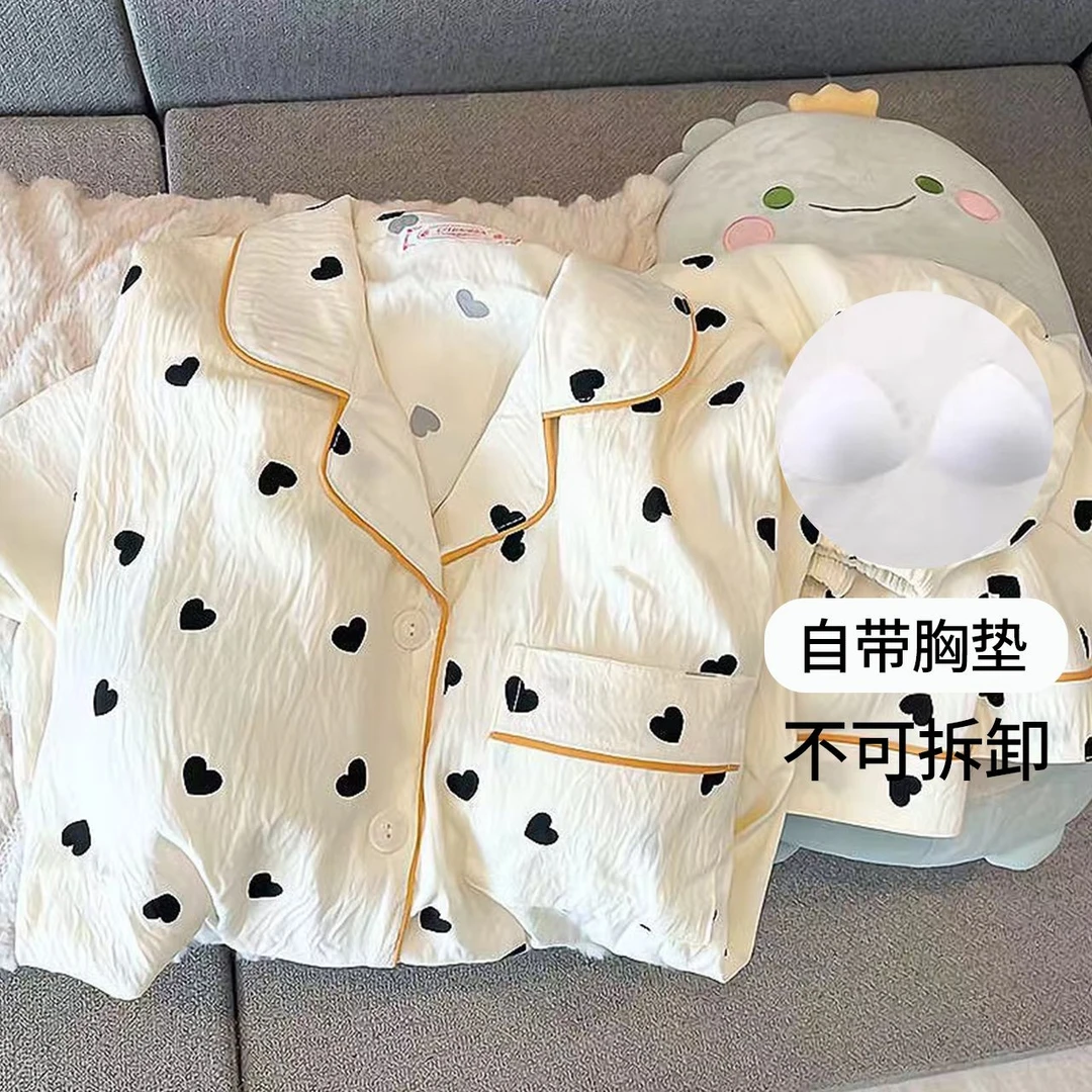 夏季带胸垫睡衣波点爱心甜美少女云朵棉舒适透气宽松三件套家居服