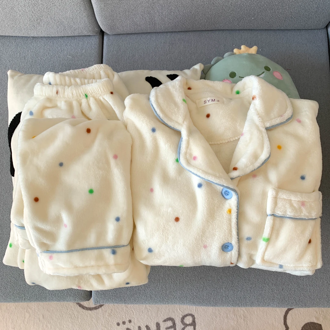 【法兰绒】韩系少女波点睡衣女加绒加厚保暖家居服甜美亲肤可外穿