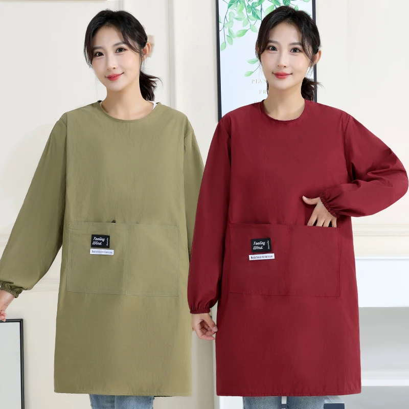 简约时尚防水罩衣定制logo印字家用厨房长袖围裙理发店带袖工作服