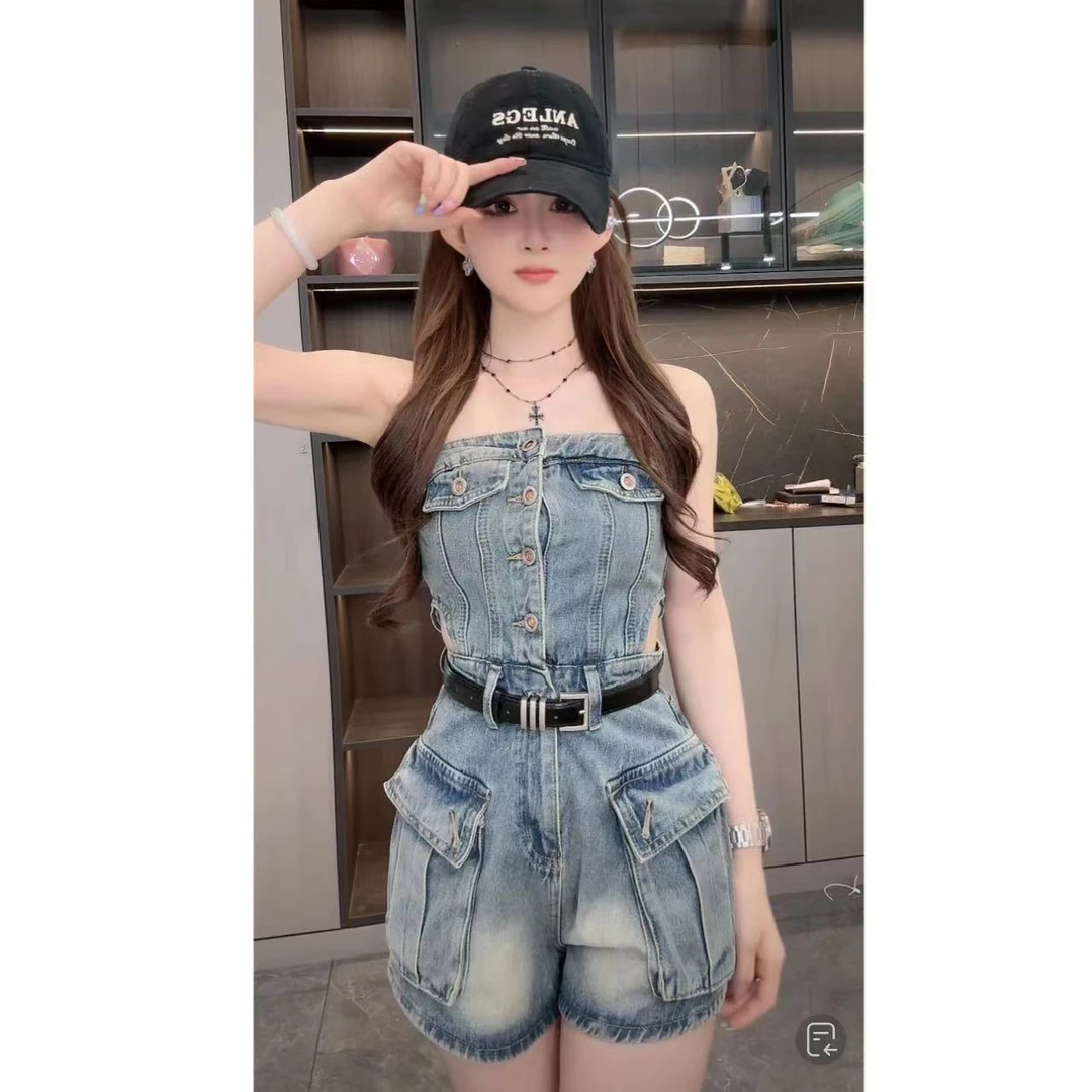 睿夕【美女特工】小心机一字领露肩抹胸牛仔系带连体短裤中式