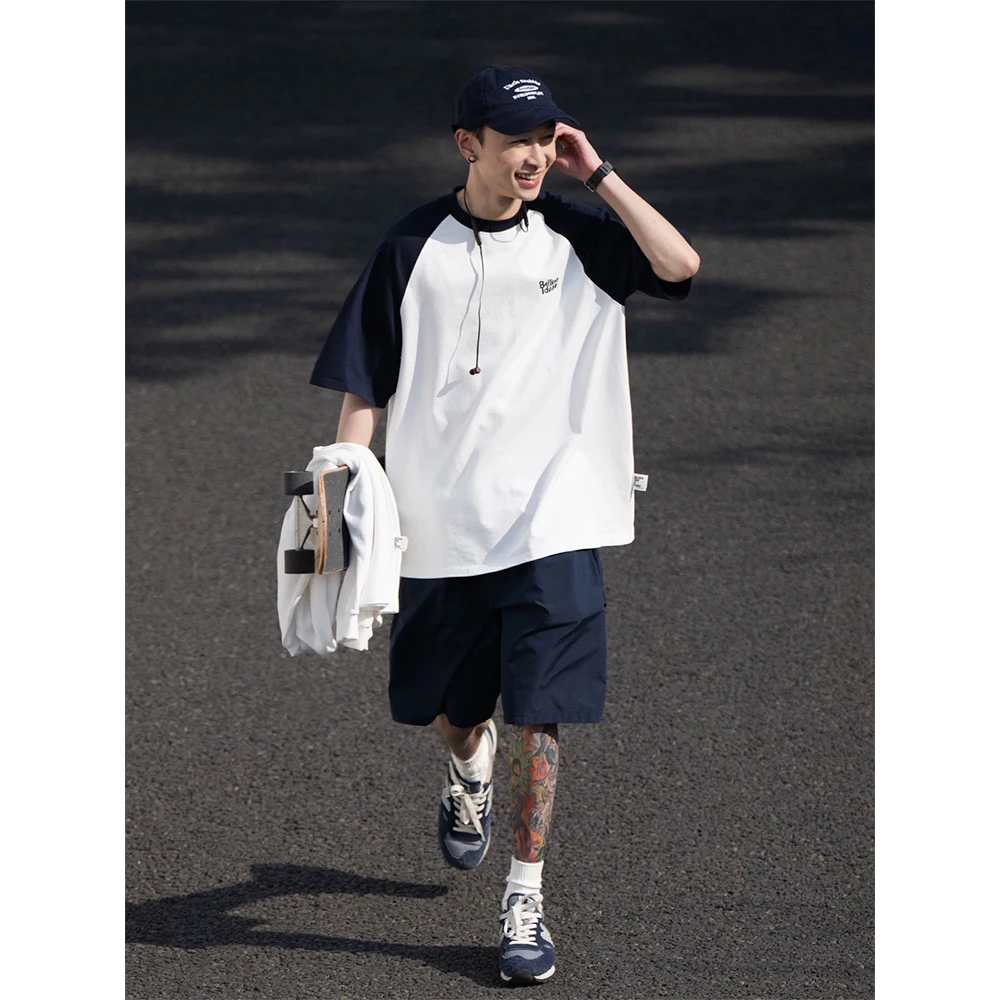 BELLKENIDEA重磅纯棉300g日系少年感插肩袖T恤打底衫男男生短袖