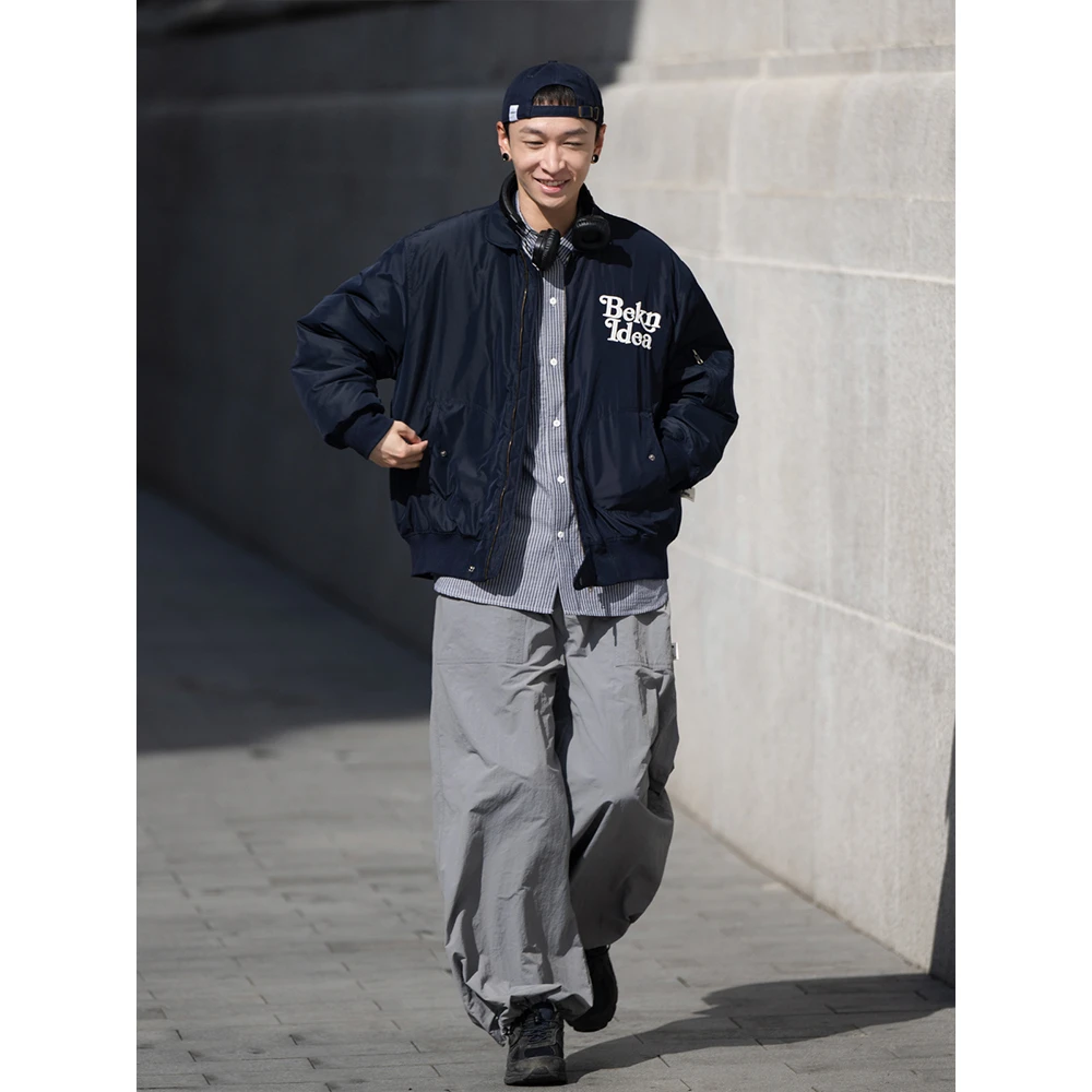 BELLKENIDEA工作室飞行员夹克外套刺绣翻领保暖外套棉服男生