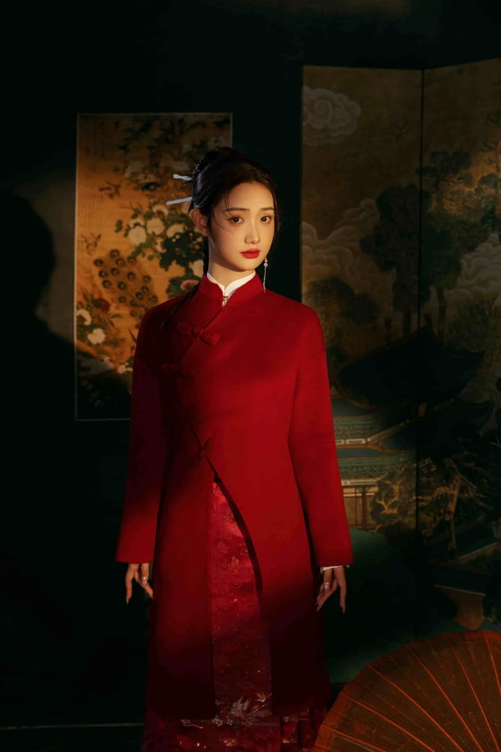 中式中长款盘扣双面国风羊毛大衣冬季气质长袖红色黑色日常