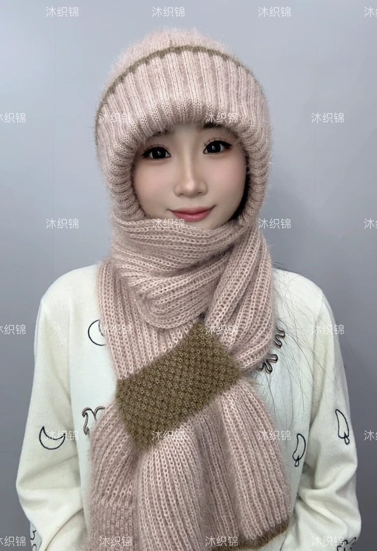 新款秋冬加绒加厚编织风雪帽时尚百搭女士保暖护耳帽子围巾一体帽