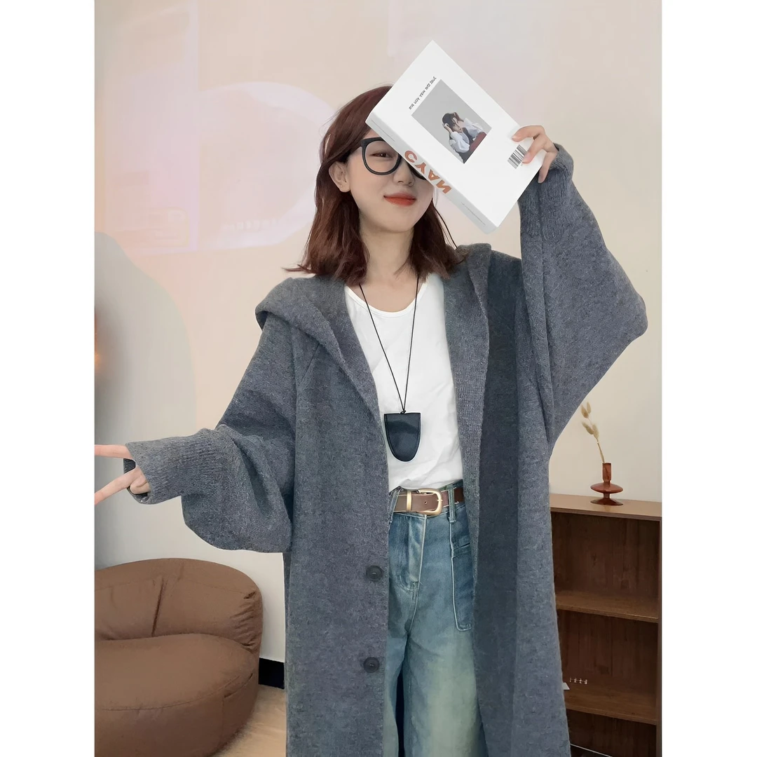 红人上新原版秋冬针织大衣秋季女中大码毛衣外套宽松连帽大衣X848