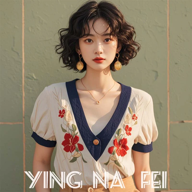 今年流行漂亮t恤气质v领刺绣正肩短袖遮肚子显瘦小众别致上衣女装