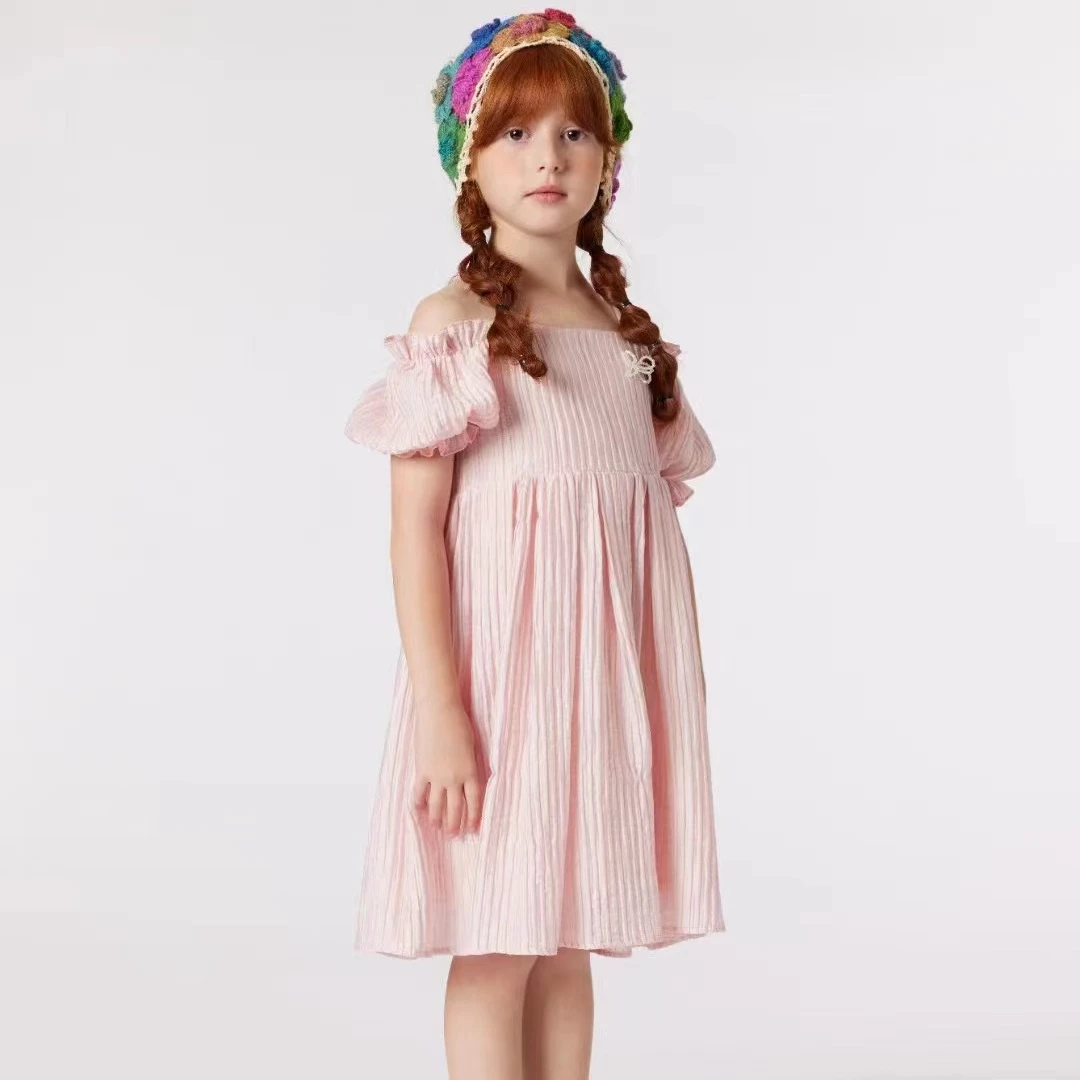 中大童2024夏季新款米1799女童时尚气质儿童纯色韩版连衣裙
