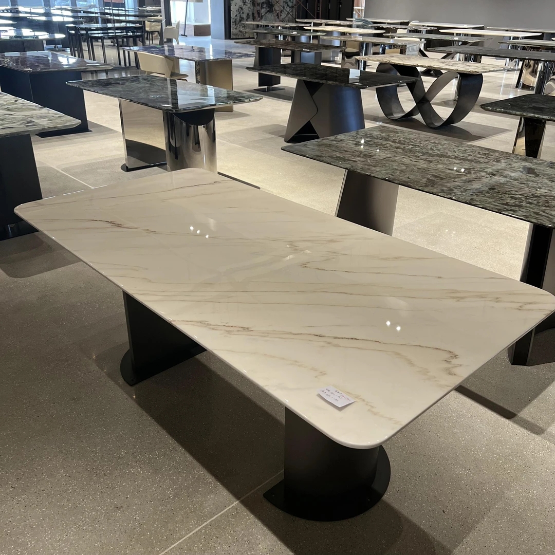 白金沙奢石餐桌意式轻奢长方形天然奢石大理石餐桌别墅北欧