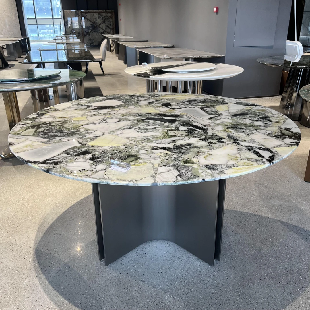 天然大理石冷翡翠奢石圆桌带转盘别墅大平层家用圆形奢石餐桌