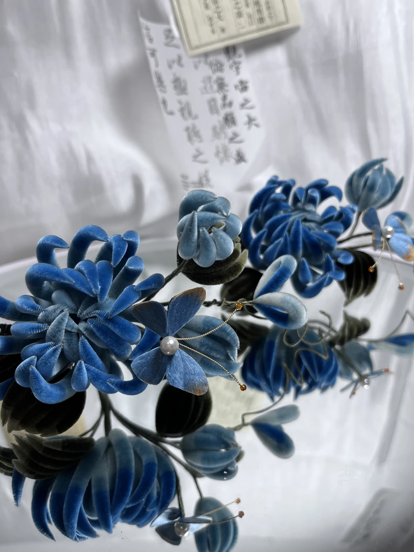 非遗绒花蓝色菊花原创汉服发簪古风发饰簪子头饰纯手工