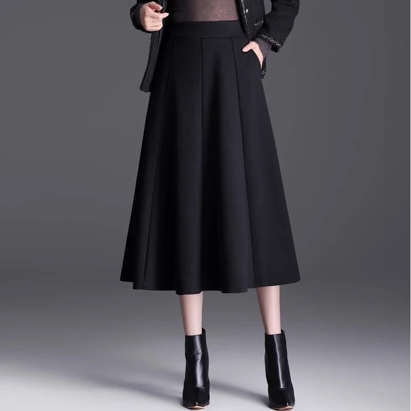 黑色毛呢半身裙女高腰2025秋冬新款宽松显瘦百搭中长款a字大摆裙