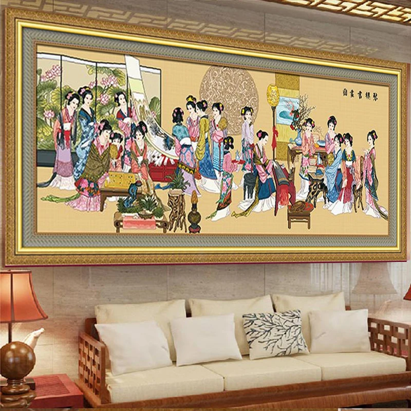 皇室蒙娜丽莎十字绣线绣新款客厅琴棋书画人物十二金钗十八美女图