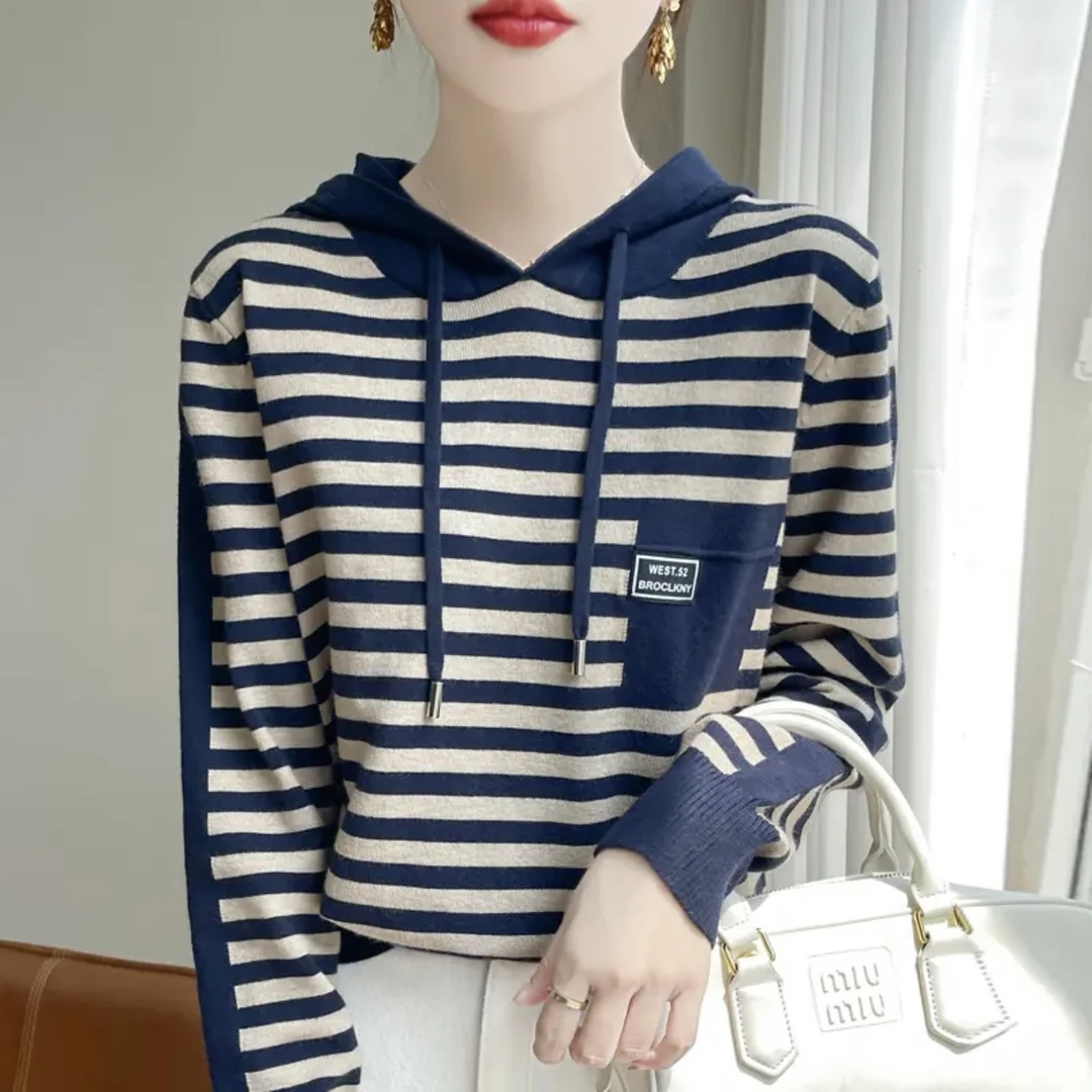 秋冬新款女士假口袋条纹针织帽衫长袖针织衫显瘦休闲连帽毛衣9923