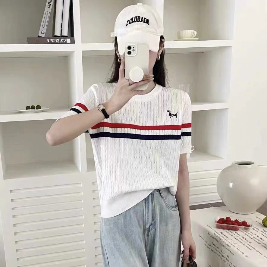 夏季薄款小狗刺绣绞花短袖时尚针织衫女圆领条纹显瘦百搭t恤上衣