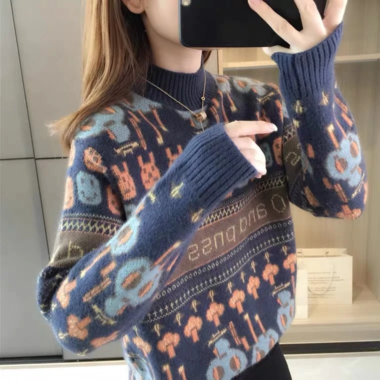 线下389！半高领毛衣女秋冬新款内搭动漫提花洋气针织打底衫上衣厚