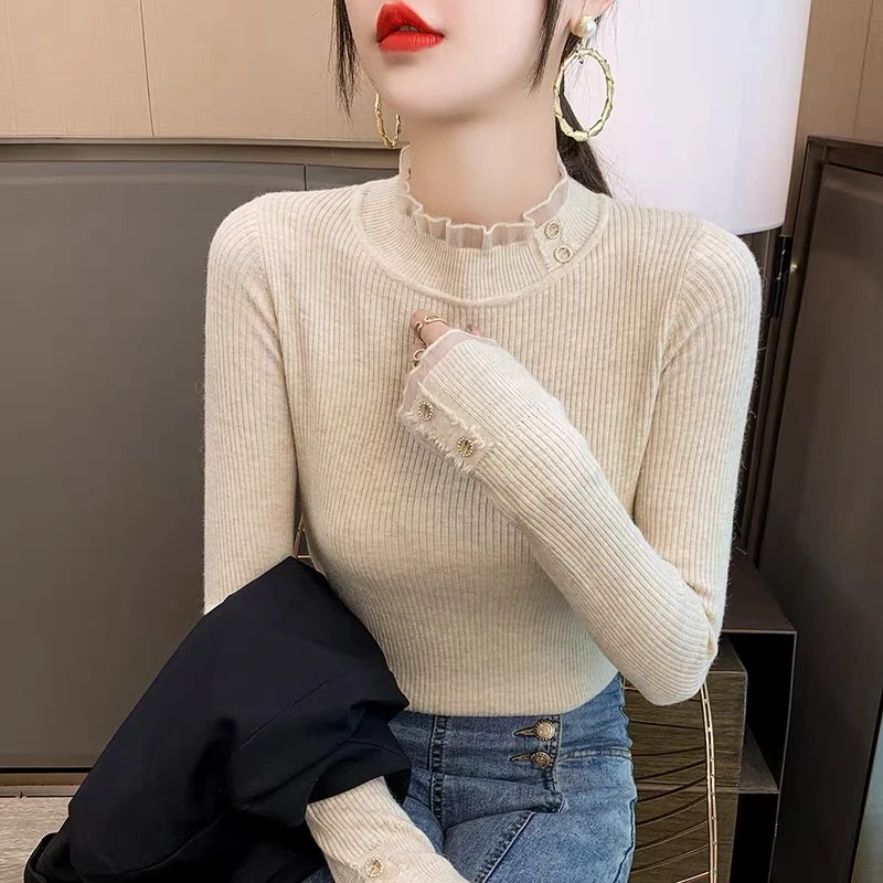 秋冬新款蕾丝半高领洋气打底衫上衣修身长袖套头毛衣女针织衫
