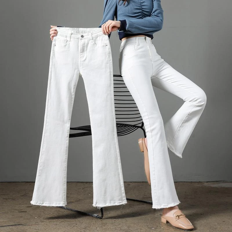 白色喇叭牛仔裤女2025秋季新款高腰修身显瘦新款弹力小个子微喇裤