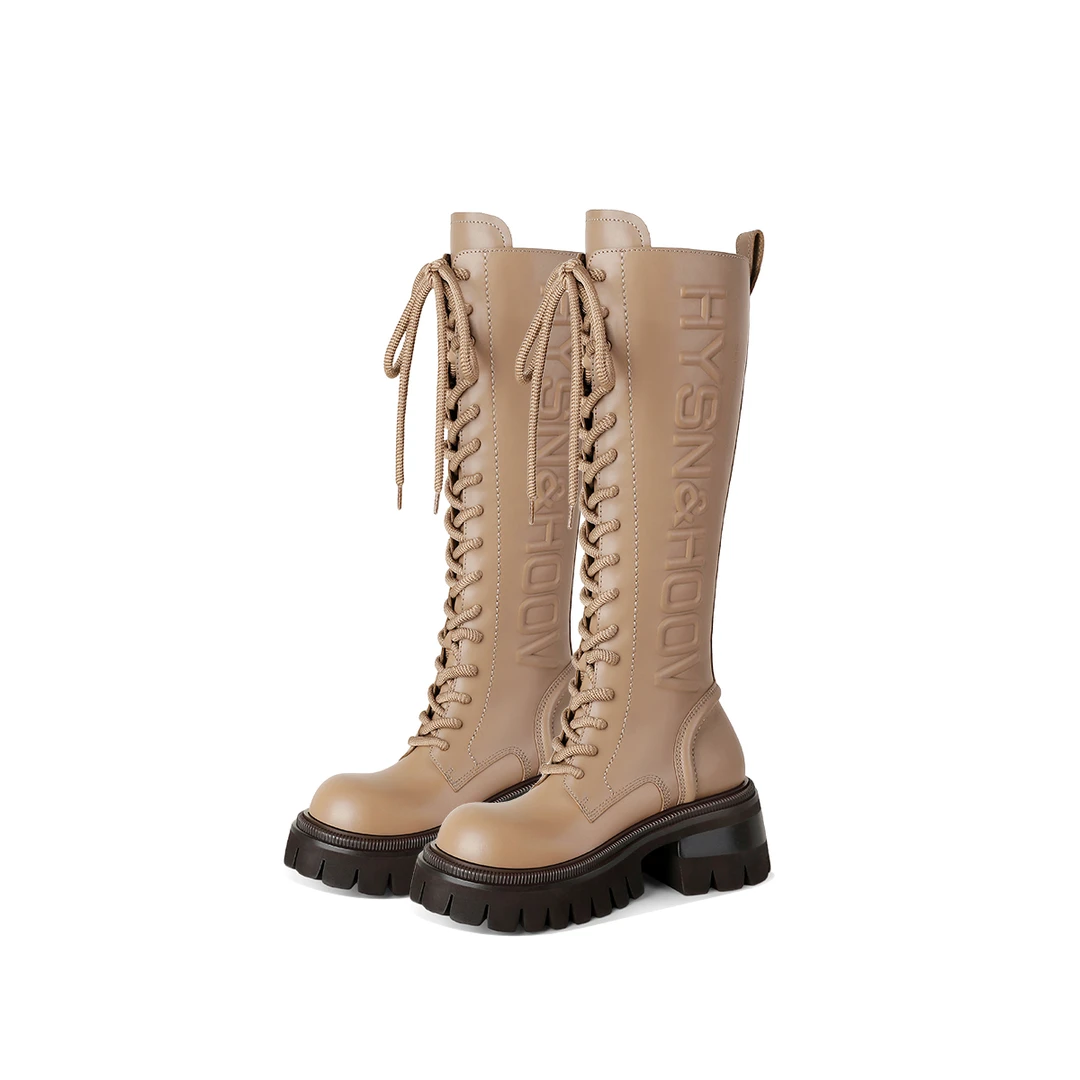 HYSN原创设计师新款品牌字母骑士靴女圆头系带长筒靴百搭厚底长靴