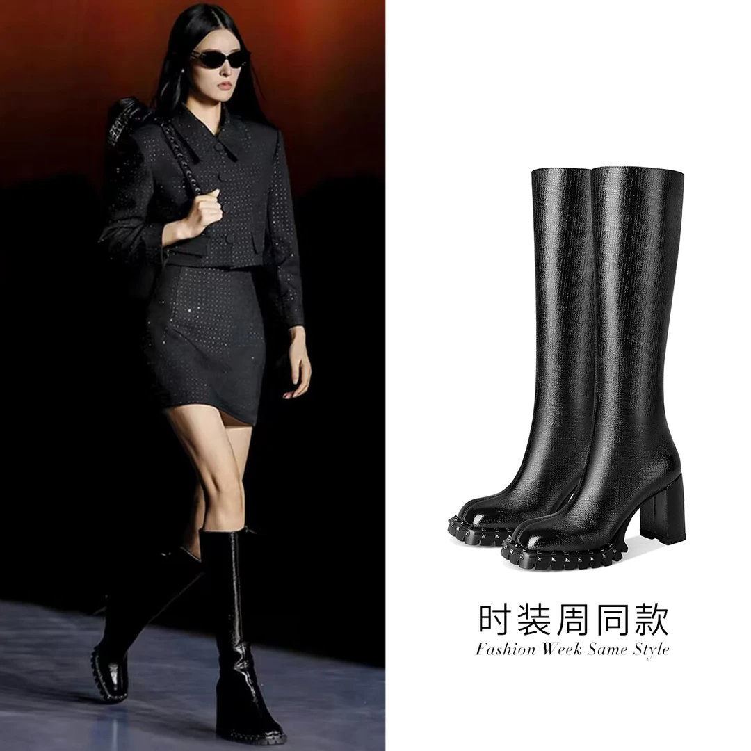 方头厚底高跟马丁靴女粗跟长靴真皮不过膝长筒靴子女靴全皮骑士靴