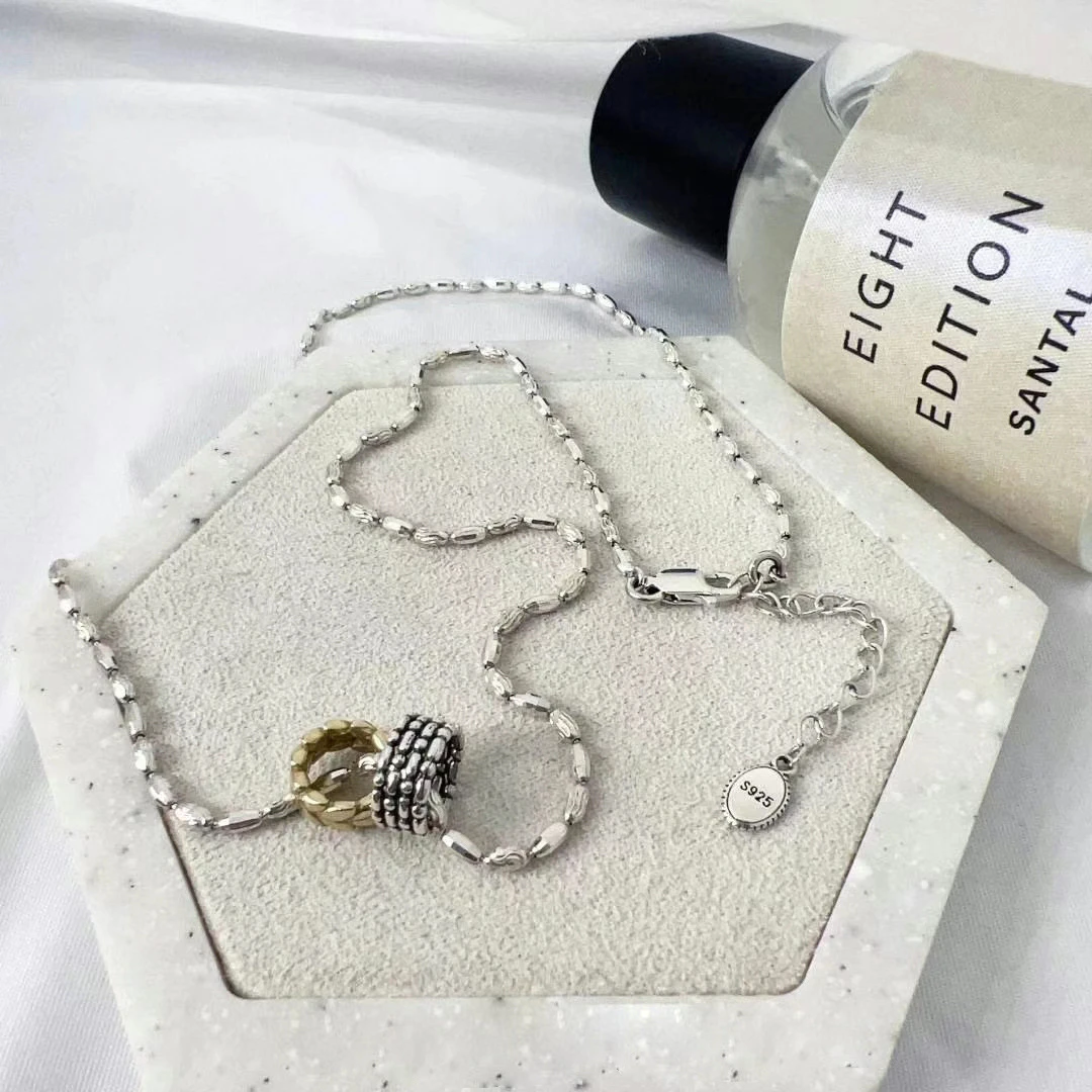 坠链均925银 日韩纯银小麦纹双色滚筒闪闪项链轻奢设计感毛衣链