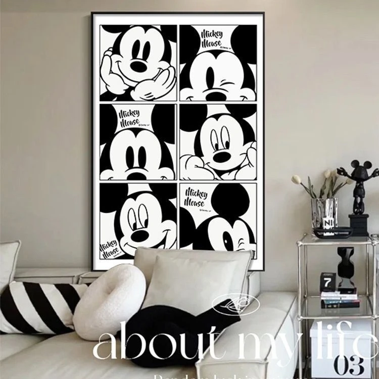 装饰画ins风黑白米奇沙发背景墙挂画卡通卧室床头壁画高级感摆画