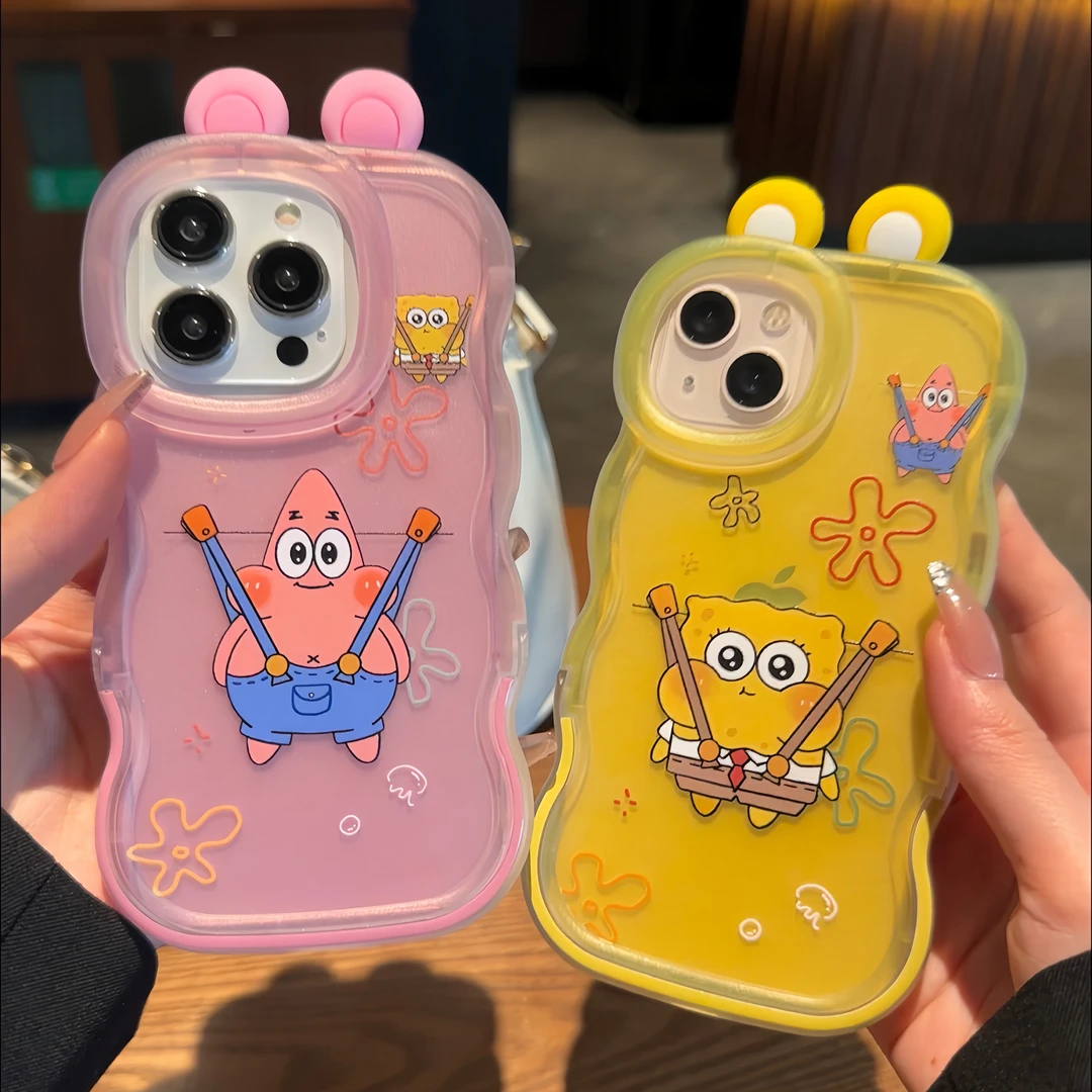 卡通海绵宝宝波浪支架适用苹果15手机壳iPhone13/14/12promax软壳