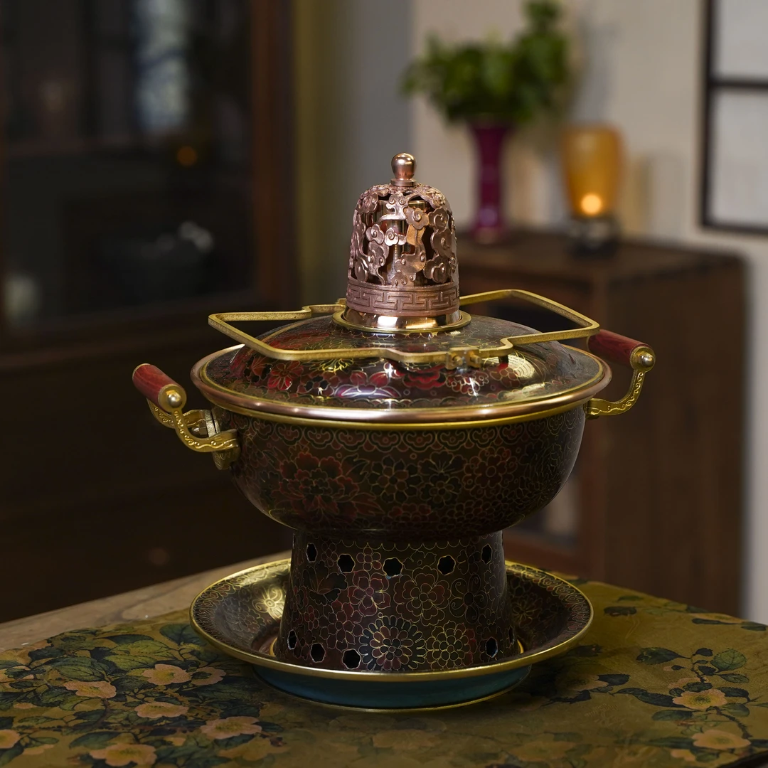 【铜景文创】百花齐放-红宝石色-双人-景泰蓝火锅 （铜景0034）