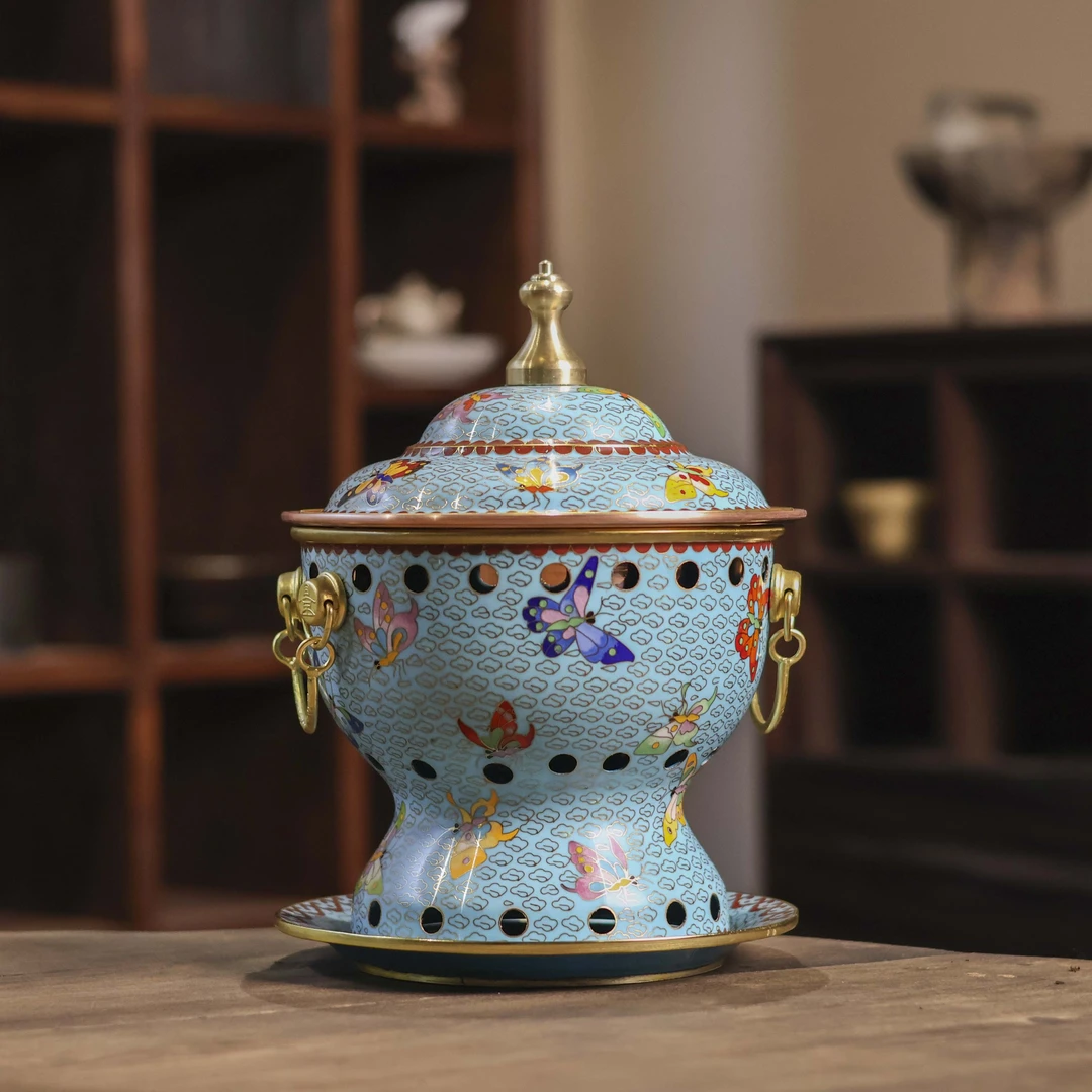 【铜景文创】蝴蝶系列-浅蓝蝴蝶-单人-景泰蓝铜火锅（铜景0125）